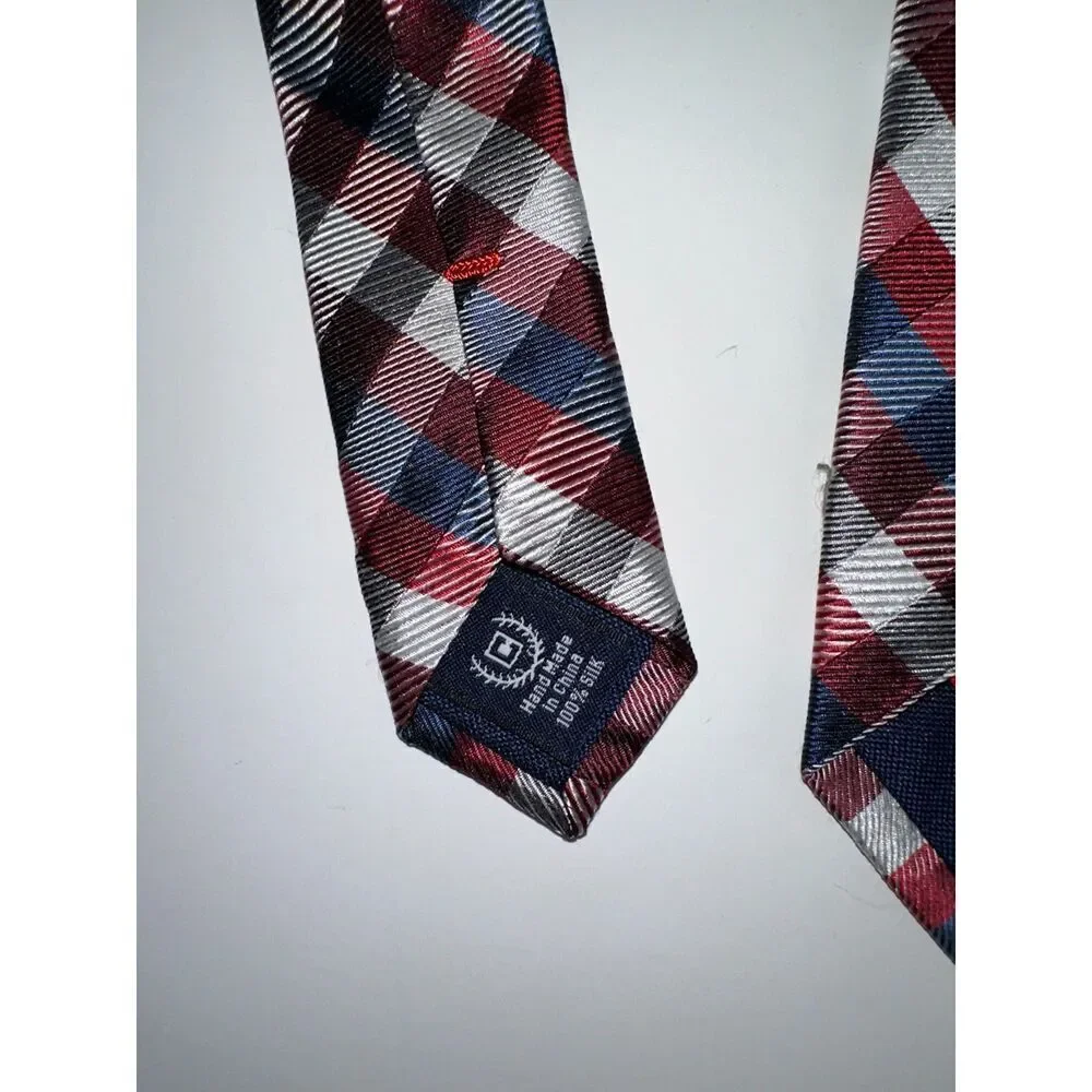 NWT Chaps Men’s Tie – Red Blue Plaid – 100% Silk – Handmade – MSRP $38